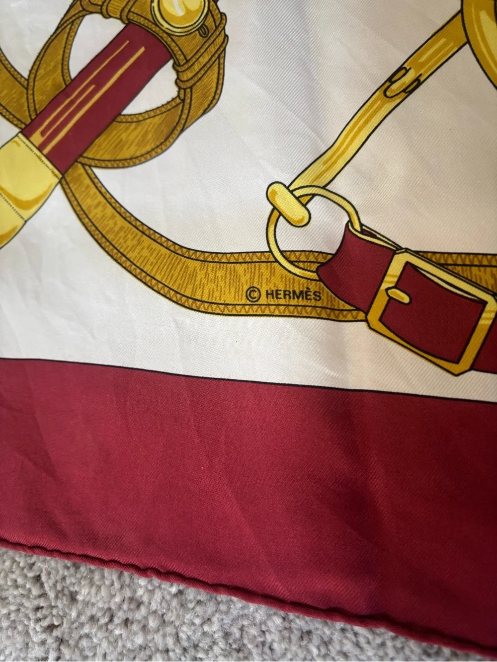 Hermes Silk Scarf in Burgundy, White and GoldAuthentic HERMES Scarf 